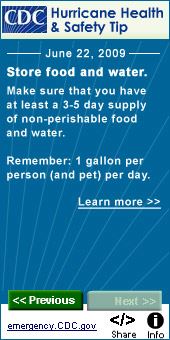 CDC Hurricane Health and Safety Tips store food and water
