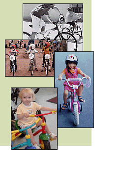 Collage of four images of children on bikes